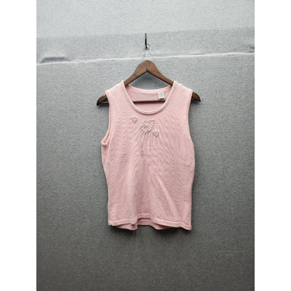 Pink Sleeveless‎ Knit Tank Top W/ Pearl Accents & Heart Design  M